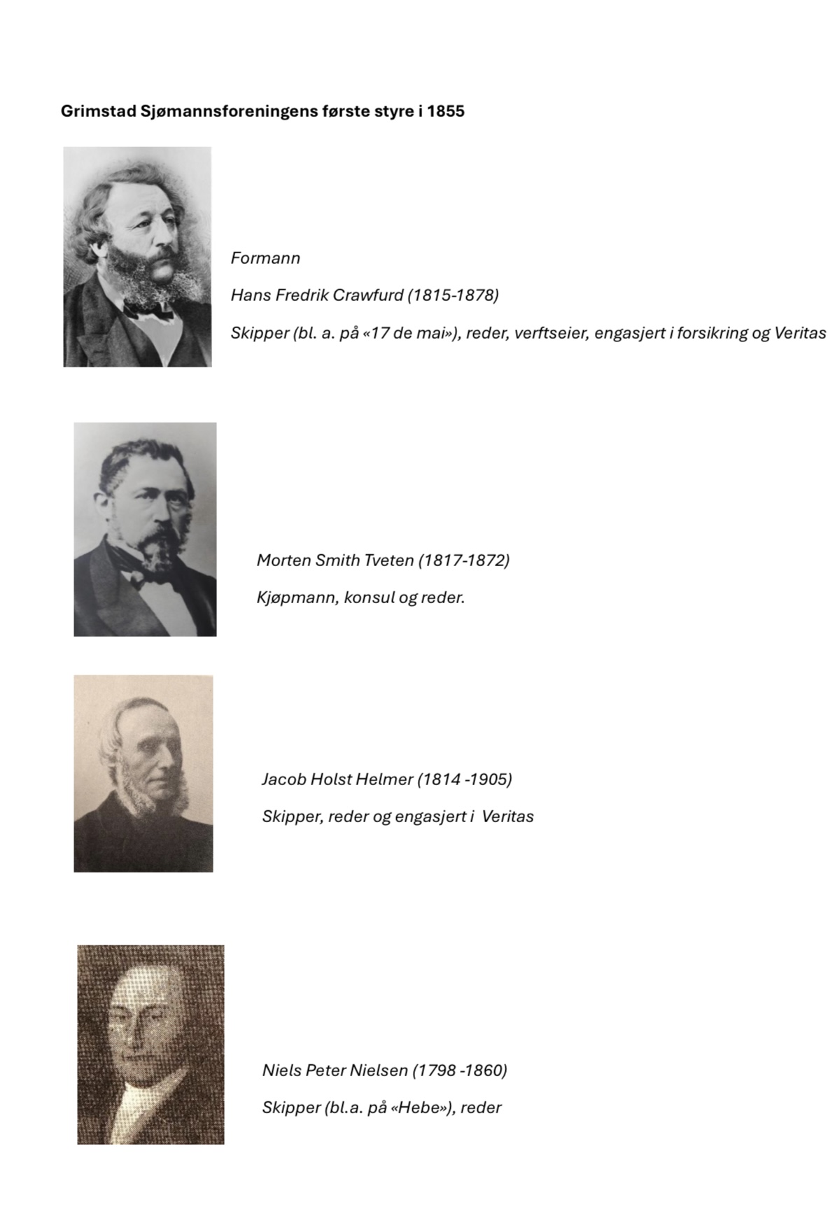 Det første styret i Grimstad Sjømannsforening i 1855